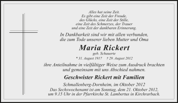 Traueranzeige von Maria Ricker von Tageszeitung